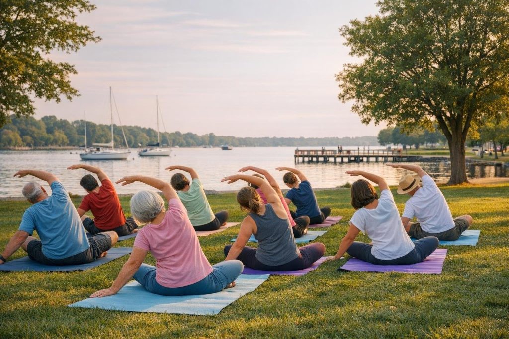 People practicing outdoor yoga on mats at a waterfront park during summer.